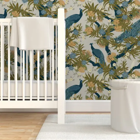 Pre-Pasted Wallpaper 2FT Wide Exotic Peacock Floral Cockatiel Tropical Botanical Tree Maximalist Large Scale Birds Custom Pre-pasted Wallpaper by Spoonflower {7}