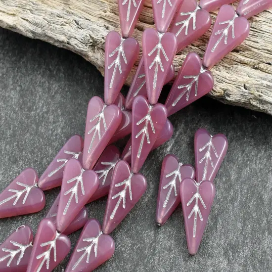*8* 17x11mm Silver Washed Pink Opal Heart Leaf Beads {2}