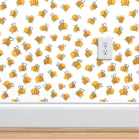 Peel & Stick Wallpaper 2FT Wide Yellow Whimsical Summer Hand Drawn Insect Bee Naive Bumblebee Spring Honey Whimsical Medium Scale Custom Removable Wallpaper by Spoonflower {4}