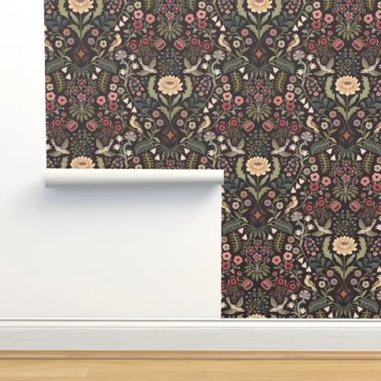 Pre-Pasted Wallpaper 2FT Wide Traditional Floral Folk Art Birds Victorian Green Pinks Burgundy Extra Large Custom Pre-pasted Wallpaper by Spoonflower {2}