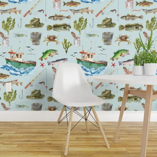 Peel & Stick Wallpaper 2FT Wide Watercolor Adventure Fish Boat Nautical Light Blue Custom Removable Wallpaper by Spoonflower {1}