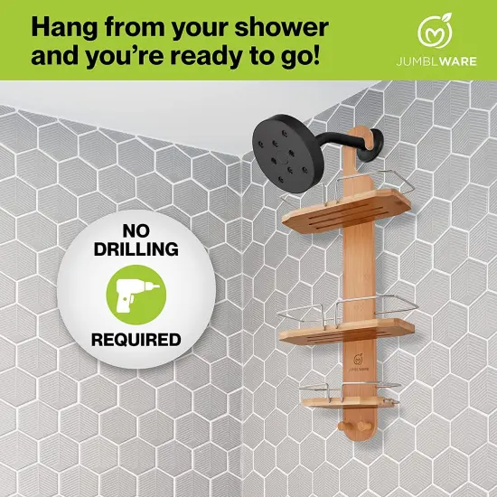 JumblWare Bamboo Shower Caddy, 11.7 x 26.8" Hanging 3-Tier Suction Cup Shower Organizer {6}