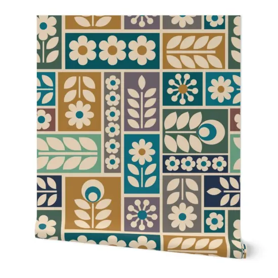 Peel & Stick Wallpaper 2FT Wide Folk Floral Scandi Botanical Geometric Multicolor Daisy Scandinavian Blue Yellow Custom Removable Wallpaper by Spoonflower {7}