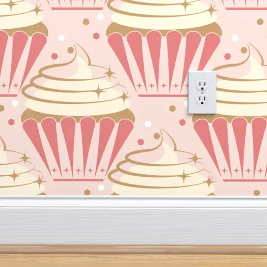 Peel & Stick Wallpaper 2FT Wide Large Scale Pink Cupcakes Atomic Birthday Party Retro Vintage Strawberry Celebration Vanilla Yellow Mid Century Stars Cosmic Cake Desserts Custom Removable Wallpaper by Spoonflower {4}