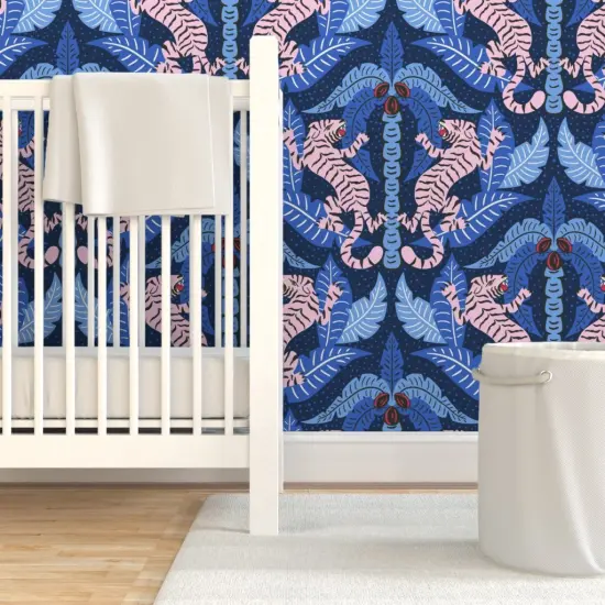 Pre-Pasted Wallpaper 2FT Wide Maximalist Damask Tiger Jungle Blue Cobalt Tropical Palms Blush Pink Bright Animalier Big Cat Custom Pre-pasted Wallpaper by Spoonflower {7}