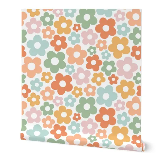 Peel & Stick Wallpaper 2FT Wide Retro Whimsical Floral Sage Green Mustard Yellow Pale Pink Boho Custom Removable Wallpaper by Spoonflower {7}