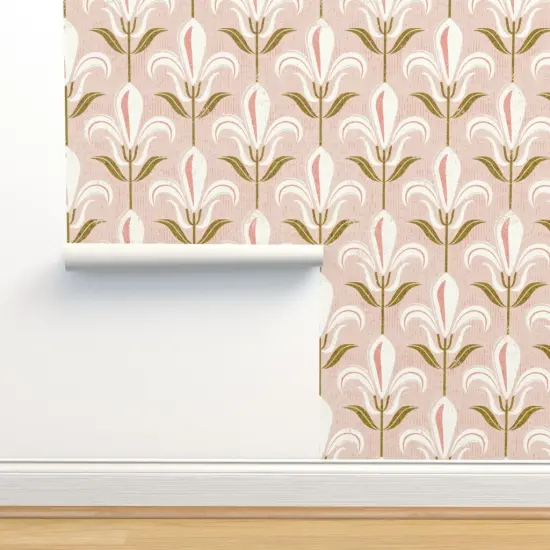 Pre-Pasted Wallpaper 2FT Wide Pink Floral Fleur-De-Lis Lily Retro Flowers White Fresco Large Scale Custom Pre-pasted Wallpaper by Spoonflower {2}