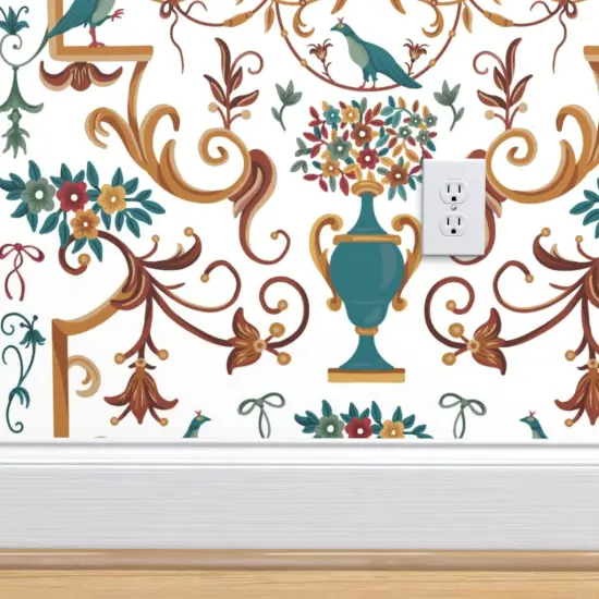 Pre-Pasted Wallpaper 2FT Wide White Floral Birds Ribbons Vase Italian Naples Baroque Palace Villa Mediterranean Botanical Fresco Rococo Large Scale Custom Pre-pasted Wallpaper by Spoonflower {4}