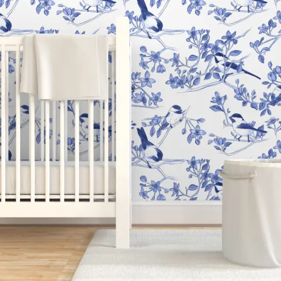 Pre-Pasted Wallpaper 2FT Wide Bird Flowers Botanical Blossom Cobalt Chinoiserie Custom Pre-pasted Wallpaper by Spoonflower {7}