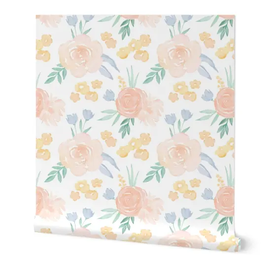Peel & Stick Wallpaper 2FT Wide Watercolor Floral Pink Yellow Roses Flowers Medium Scale Custom Removable Wallpaper by Spoonflower {7}