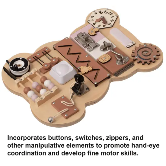 Wooden Sensory Bear Shaped Learning Toddler Busy Board for Playroom, Nursery, Preschool, and Doctors' Office Pink {3}