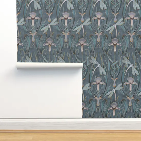 Pre-Pasted Wallpaper 2FT Wide Art Nouveau Deco Gray Blue Nature Floral Lillies 1920S Custom Pre-pasted Wallpaper by Spoonflower {2}