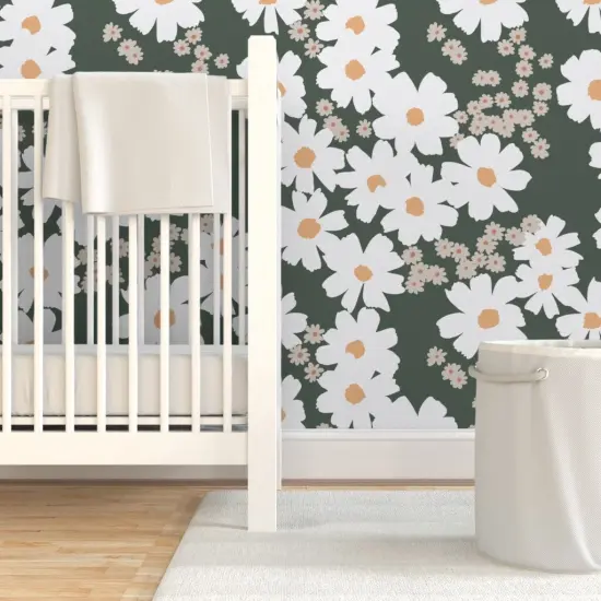 Pre-Pasted Wallpaper 2FT Wide Summer Daisies Boho Daisy Flowers Green Modern Blossom Custom Pre-pasted Wallpaper by Spoonflower {7}