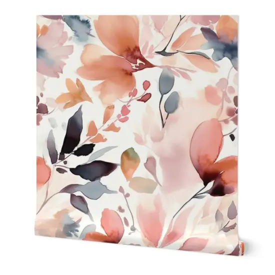 Peel & Stick Wallpaper 2FT Wide Pastel Flowers Watercolor Botanical Scattered Leaves Custom Removable Wallpaper by Spoonflower {7}