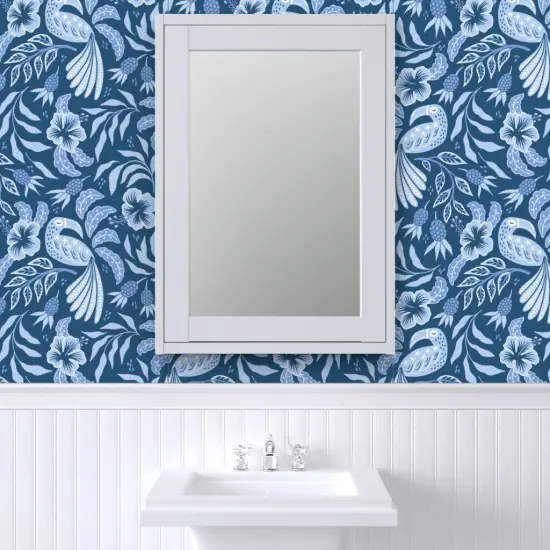Pre-Pasted Wallpaper 2FT Wide Hibiscus Garden Tropical Toucan Pineapple Denim Blue Custom Pre-pasted Wallpaper by Spoonflower {6}