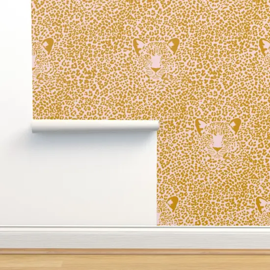 Peel & Stick Wallpaper 2FT Wide Pink Leopard Mustard Yellow Jumbo Animal Print Bold Spots Custom Removable Wallpaper by Spoonflower {2}