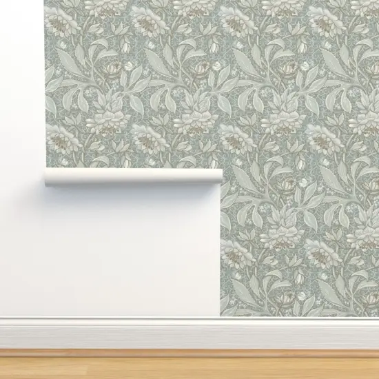 Peel & Stick Wallpaper 2FT Wide Pale Green Antique Victorian Sage Hellebore Arts And Crafts Floral Neutral Art Nouveau Large Scale Damask Botanical Custom Removable Wallpaper by Spoonflower {2}