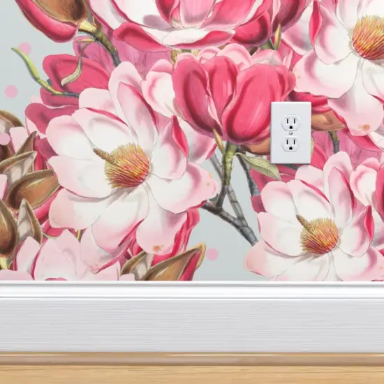 Pre-Pasted Wallpaper 2FT Wide Garden Floral Magnolia Botanical Large Scale Flowers Summer Spring Preppy Custom Pre-pasted Wallpaper by Spoonflower {4}