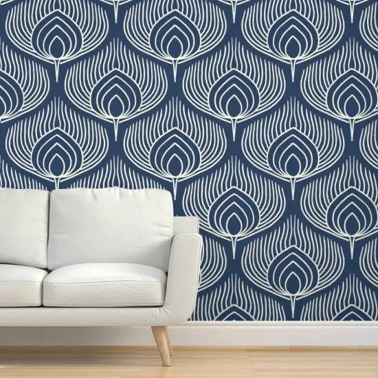 Pre-Pasted Wallpaper 2FT Wide Bird Peacock Abstract Feathers Animal Print Exotic Line Art Custom Pre-pasted Wallpaper by Spoonflower {5}
