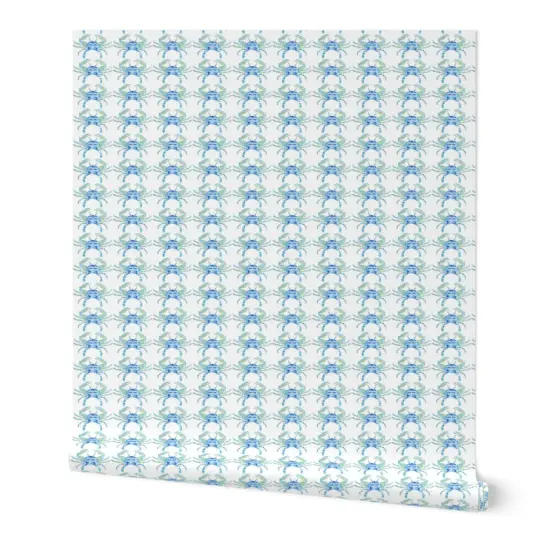 Peel & Stick Wallpaper 2FT Wide Blue Watercolor Crab Small Abstract Coastal Beach Whimsical Sand Ocean Creatures Scale Custom Removable Wallpaper by Spoonflower {7}
