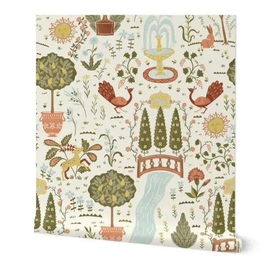 Peel & Stick Wallpaper 2FT Wide Multicolor. Birds Rabbit Whimsical Peacock Illustration Folk Garden Italian Terracotta Tuscany Fountains Large Scale Custom Removable Wallpaper by Spoonflower {7}