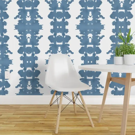 Peel & Stick Wallpaper 2FT Wide Inkblot Stripe Blue White Denim Large Scale Abstract Modern Custom Removable Wallpaper by Spoonflower {1}