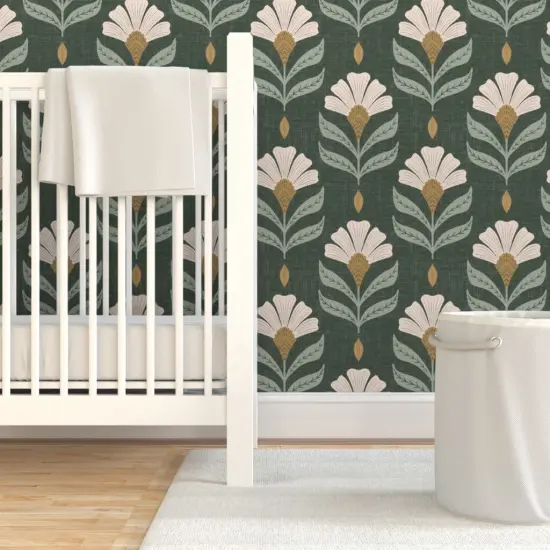 Pre-Pasted Wallpaper 2FT Wide Green Flower Floral Meadow Botanical Art Nouveau Hand Drawn Large Scale Rustic Custom Pre-pasted Wallpaper by Spoonflower {7}