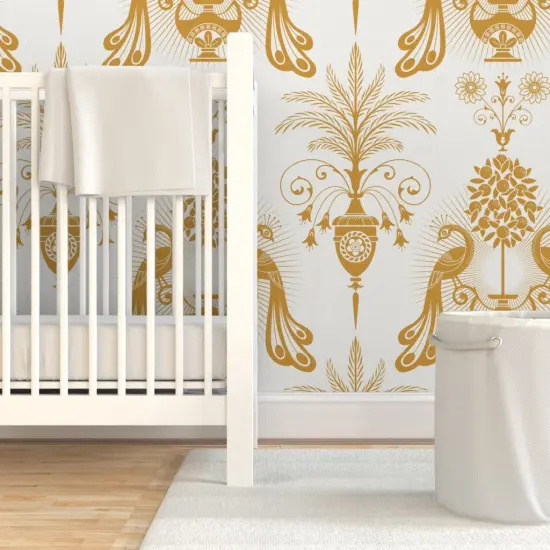 Pre-Pasted Wallpaper 2FT Wide Gold Peacock Mediterranean Toscana Golden Italian Villa Palm Garden Fruit Damask Floral Botanical Classical Large Scale Custom Pre-pasted Wallpaper by Spoonflower {7}