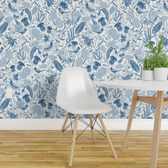 Peel & Stick Wallpaper 2FT Wide Blue Nature Birds Plant Cardinal Botanical Meadow Chintz Quail Southern Medium Scale Custom Removable Wallpaper by Spoonflower {1}