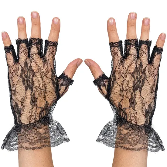 Fingerless Lace Black Gloves - Ladies and Girls Ruffled Lace Finger Free Bridal Wrist Gloves {1}