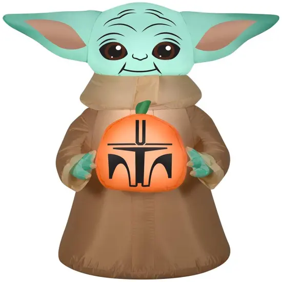 3.5' Gemmy Airblown Disney's Star Wars The Mandalorian The Child Holding Mandalorian Pumpkin 226677 {1}