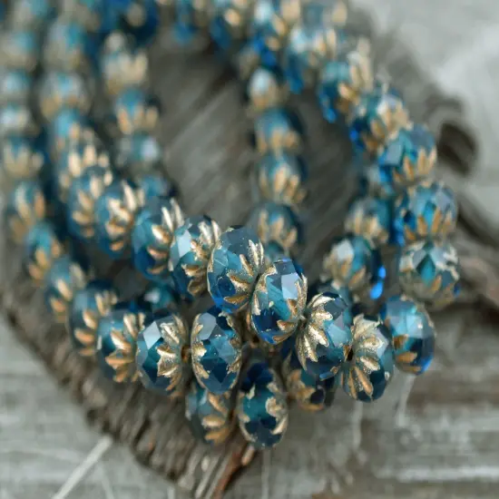 *25* 6x9mm Etched Gold Washed Pacific Blue Cruller Rondelle Beads {6}