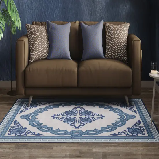 Deerlux Transitional Living Room Area Rug with Nonslip Backing, Blue Medallion Pattern {4}