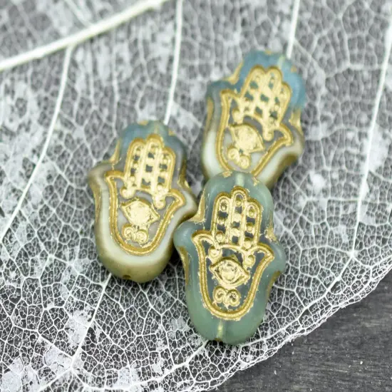*10* 15x14mm Golden Bronze Washed Matte Beige Aqua Hamsa Hand Beads {4}