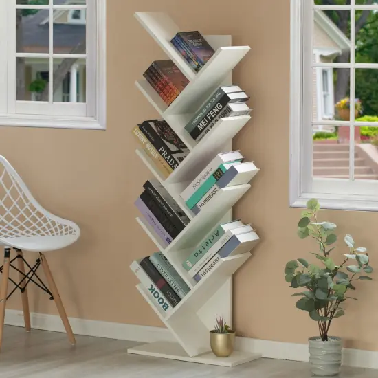 Wooden 9-Shelf Tree Magazine CD Storage Bookcase White {2}