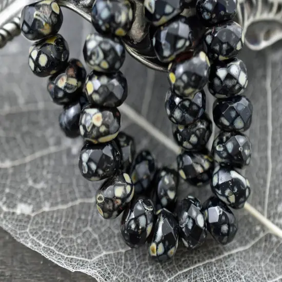 *25* 5x8mm Jet Picasso Faceted Large Hole Rondelle Roller Beads {4}