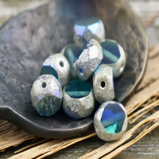 *15* 8mm Antique Silver Washed Sapphire Aqua AB 2 Cut Fire Polished Faceted Round Beads {5}