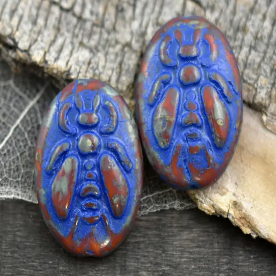 *4* 22x18mm Blue Washed Burnt Orange Picasso Bumblebee Oval Beads {1}