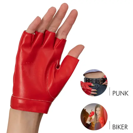 Fingerless Biker Jazz Gloves - 80s Style Gothic Red Faux Leather Punk Biker Gloves with Heart Cutout for Women and Kids {3}