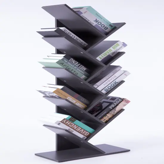 Wooden 9-Shelf Tree Magazine CD Storage Bookcase Gray {3}