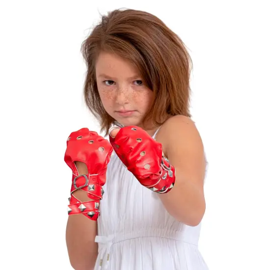 Fingerless Faux Leather Gloves - Red Biker Punk Gloves with Belt Up Closure and Rivet Design for Women and Kids {3}