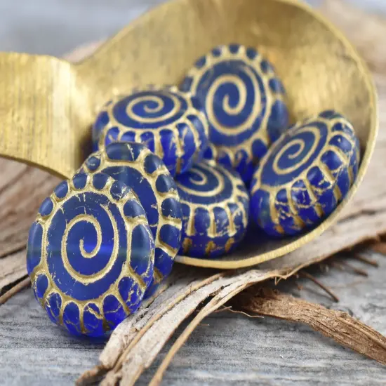 *2* 16mm Bronze Washed Matte Cobalt Spiral Coin Beads {2}