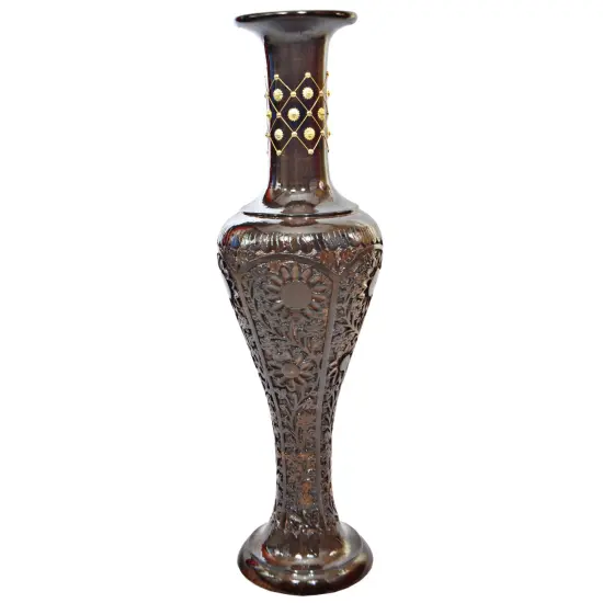 Antique Decorative Brown Hand Curved Mango Wood Floor Flower Vase with Unique Textured Pattern, 30 Inch {3}