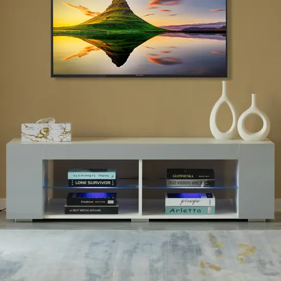 White Entertainment TV Stand with LED Lights and Glass Shelves with UV Frame {3}
