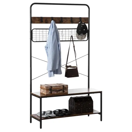 Vintage Brown Coat Rack Hall Tree with Storage for Entryway With 10 Hooks and Storage {1}