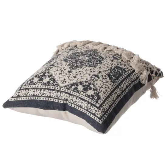 16" Handwoven Cotton Throw Pillow Cover with Traditional Pattern and Tasseled Top Navy {6}