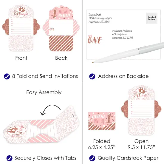 Big Dot of Happiness 1st Birthday Little Miss Onederful - Fill-In Cards - Girl First Birthday Party Fold and Send Invitations - Set of 8 {4}