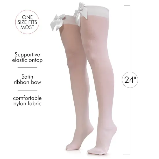 Bow Accent Thigh Highs - White Over the Knee High Stockings with White Satin Ribbon Bow Accent for Women and Girls {3}