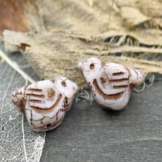 *6* 11x22mm Dark Bronze Washed Opaque Matte Winter White Bird Beads {4}