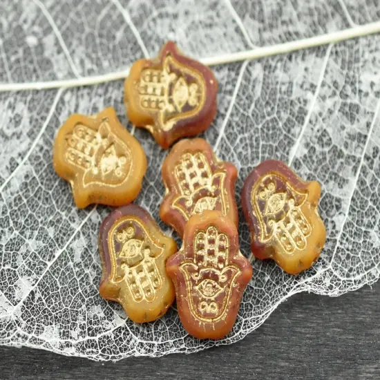 *10* 15x14mm Bronze Washed Matte Varigated Orange Topaz Hamsa Hand Beads {4}